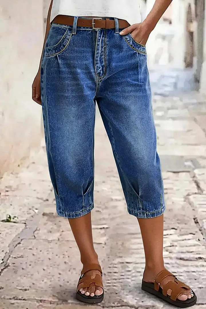 Women's Mid-Rise Pleated Cropped Jeans — Stretchy, Slim-Fit, Comfortable & Versatile