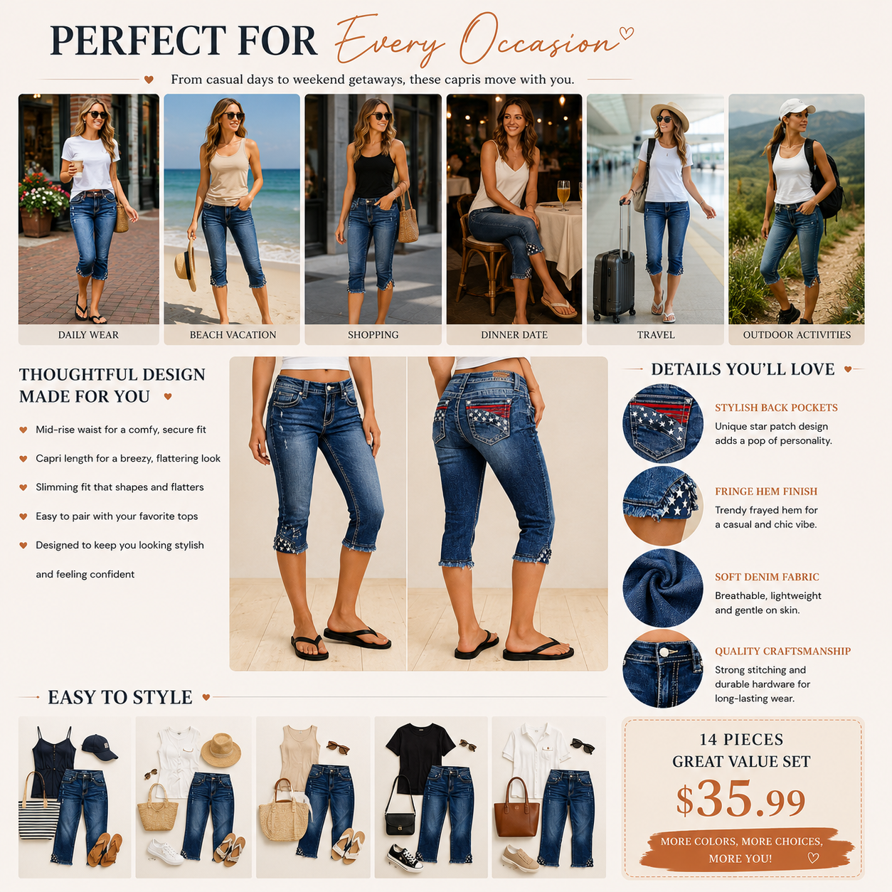 Striped & Star-Embroidered, Raw-Hem, Mid-Rise, Skinny Cropped Jeans