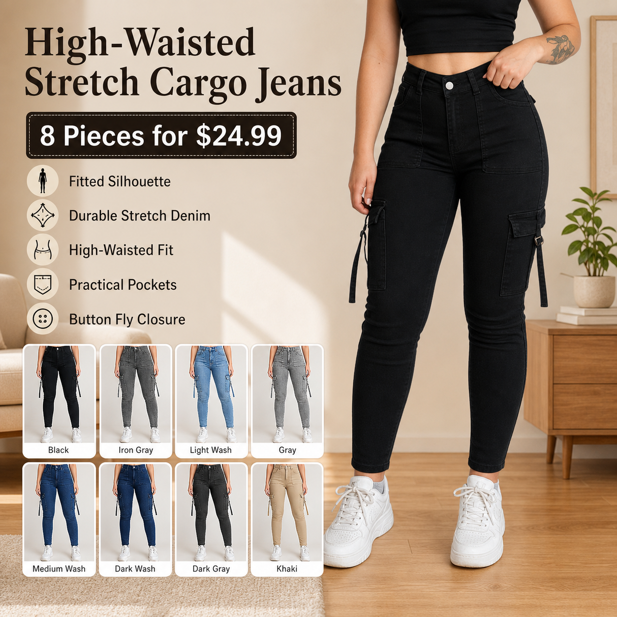 High Waist Slim Cargo Jeans