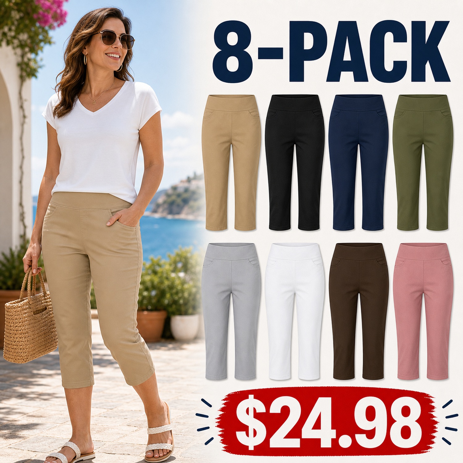 Women's Stretch Twill Capri Pants - 8 Pack