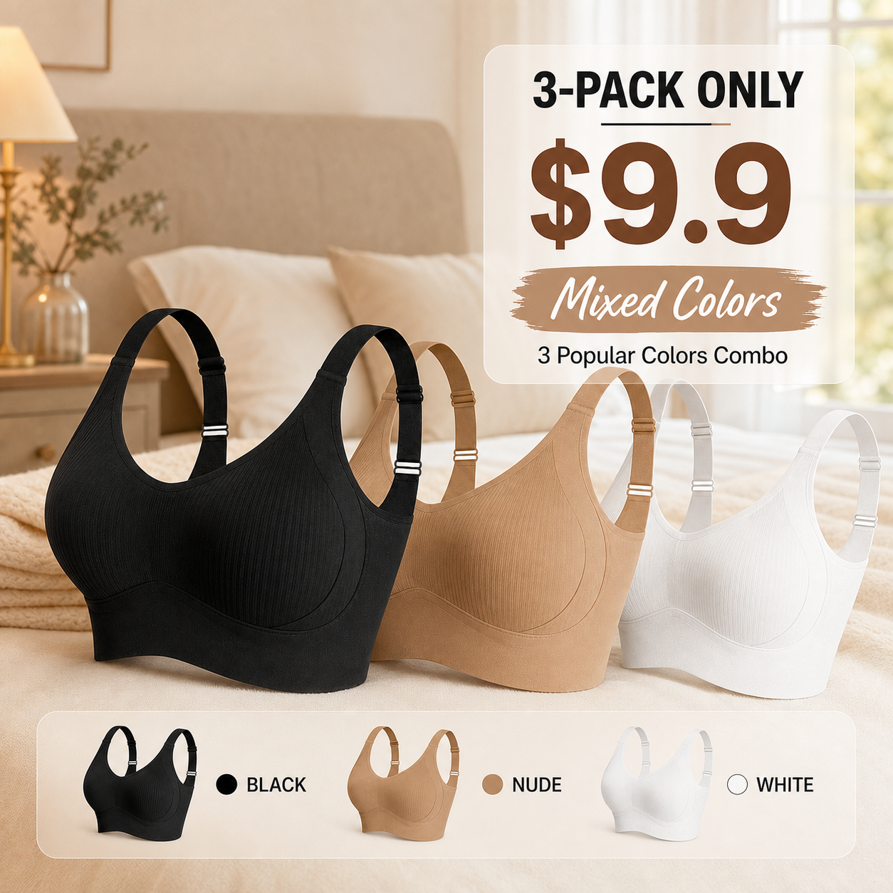 Women's Solid Wireless Bra, ComfortableBreathable Push Up Bra