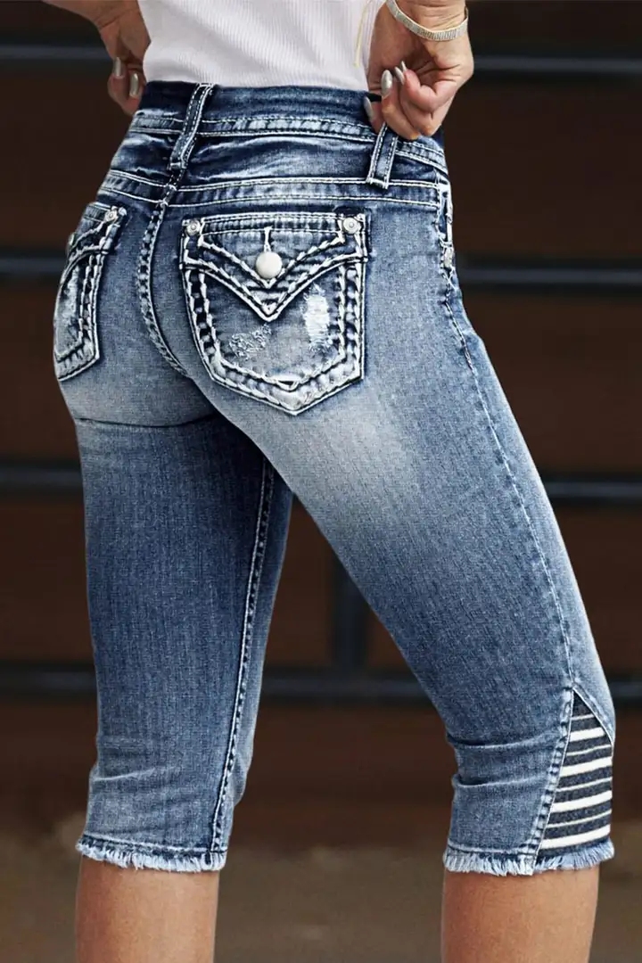 ⚡FINAL SALE⚡- Star & Stripe Embroidery Raw Hem Ripped High Waist Skinny Capri Jeans