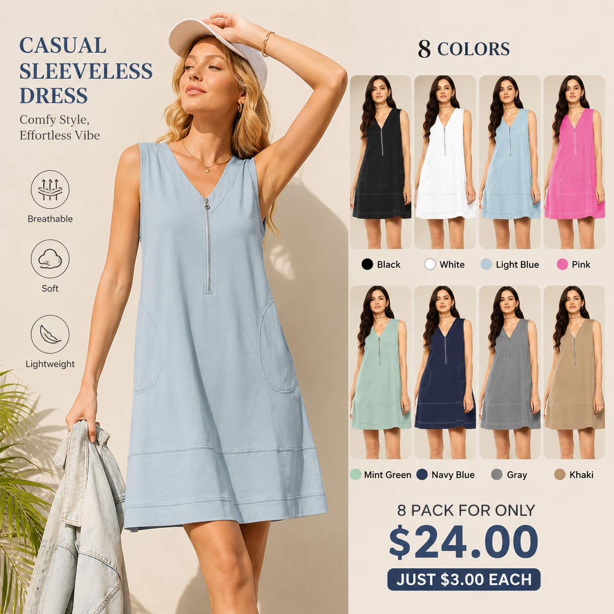 Comfortable Women's Half-Zip, Pure Cotton, A-Line Mini Dress