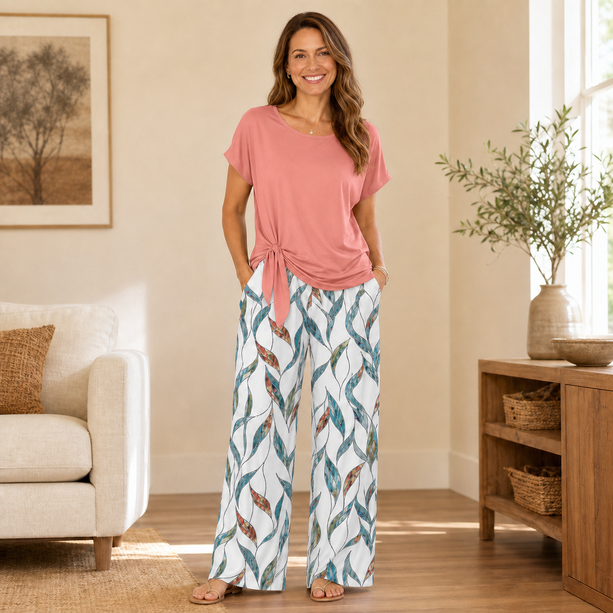 Women's Printed Shirt & Straight-Leg Pants Set