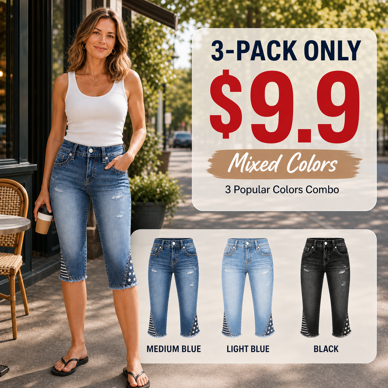 ⚡FINAL SALE⚡- Star & Stripe Embroidery Raw Hem Ripped High Waist Skinny Capri Jeans