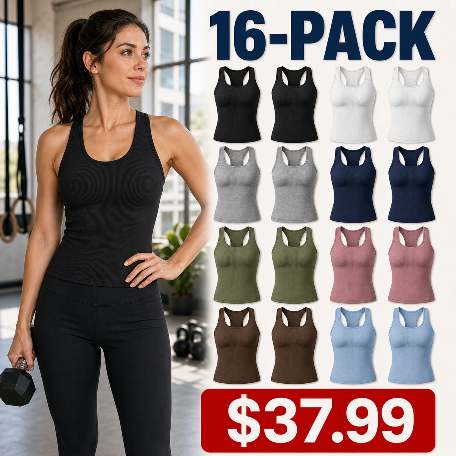 Women's Ribbed Workout Tank Tops with Built-In Support - 8 Pack