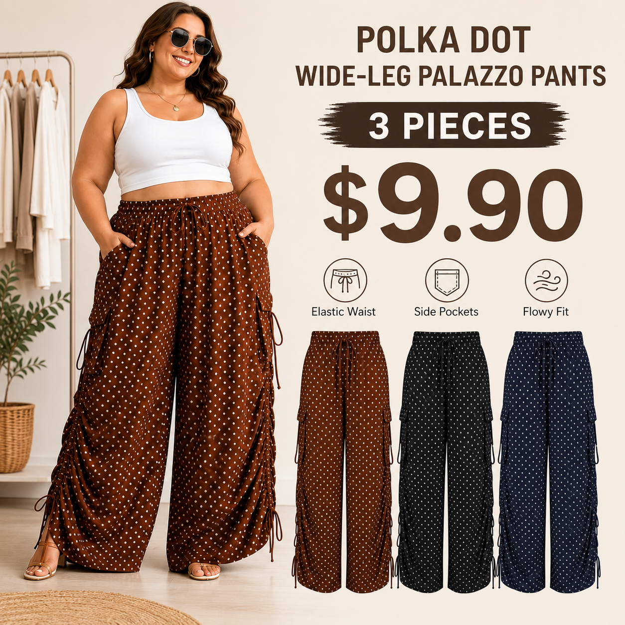 Women's Wide-Leg Polka Dot Palazzo Pants with Pockets