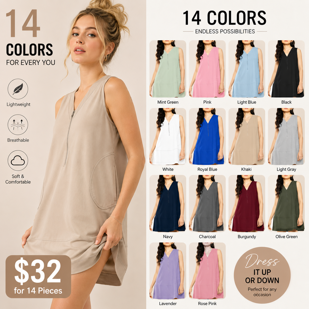 Comfortable Women's Half-Zip, Pure Cotton, A-Line Mini Dress