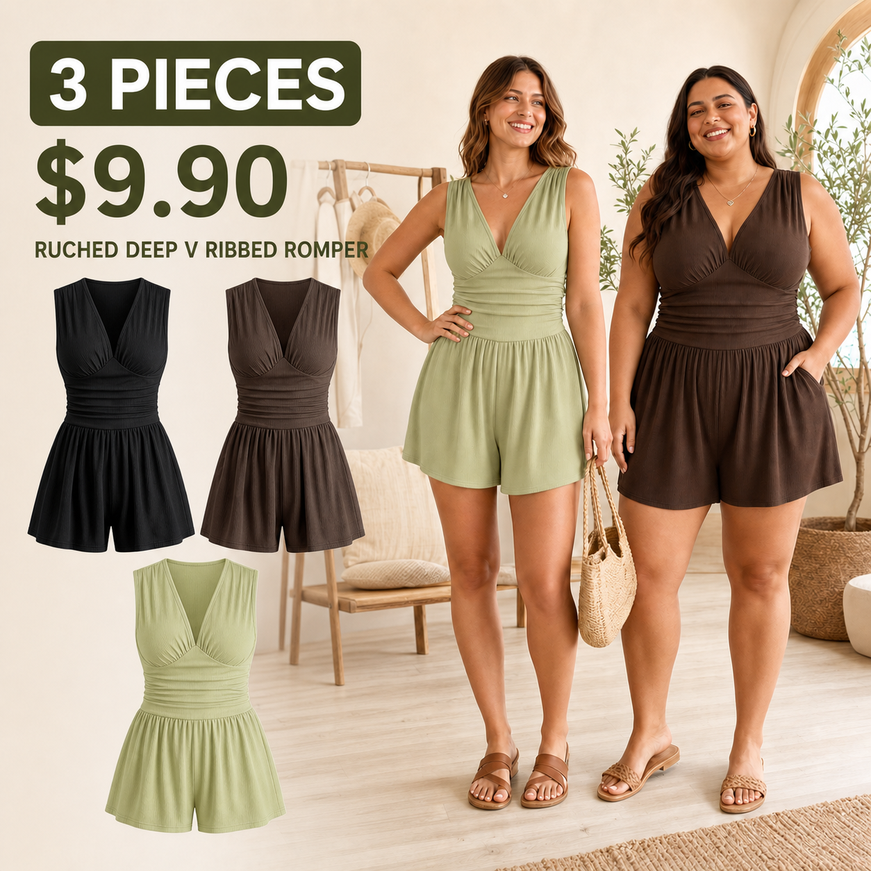 Women's Ruched Deep V Ribbed Romper