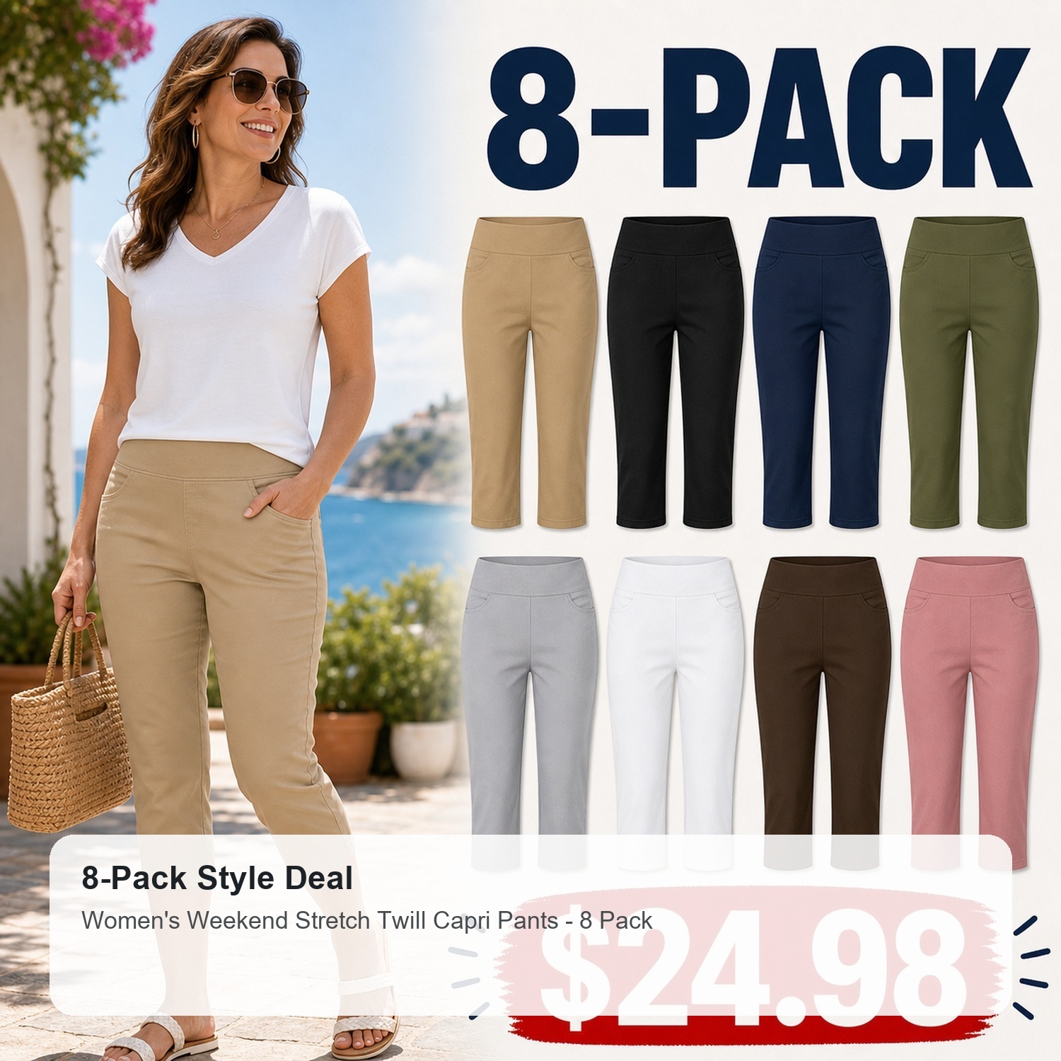 Women's Sporty Stretch Capri Pants - 8 Pack