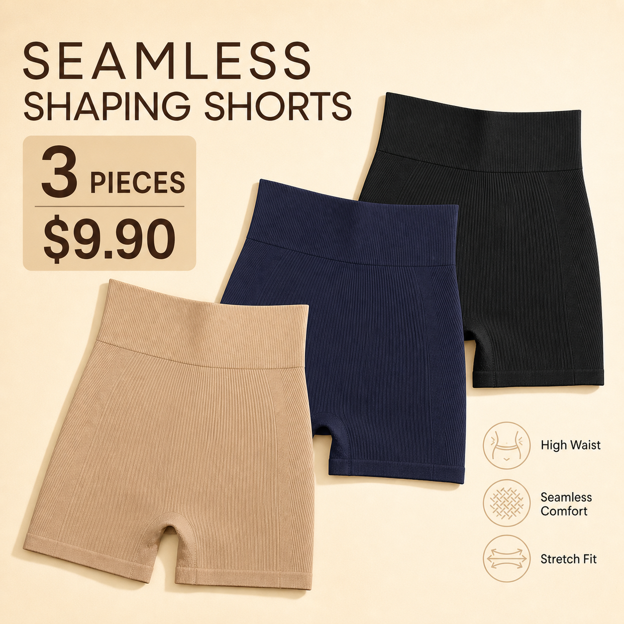 High-Waisted, Tummy-Control, Side-Ribbed, Butt-Lifting Seamless Shorts