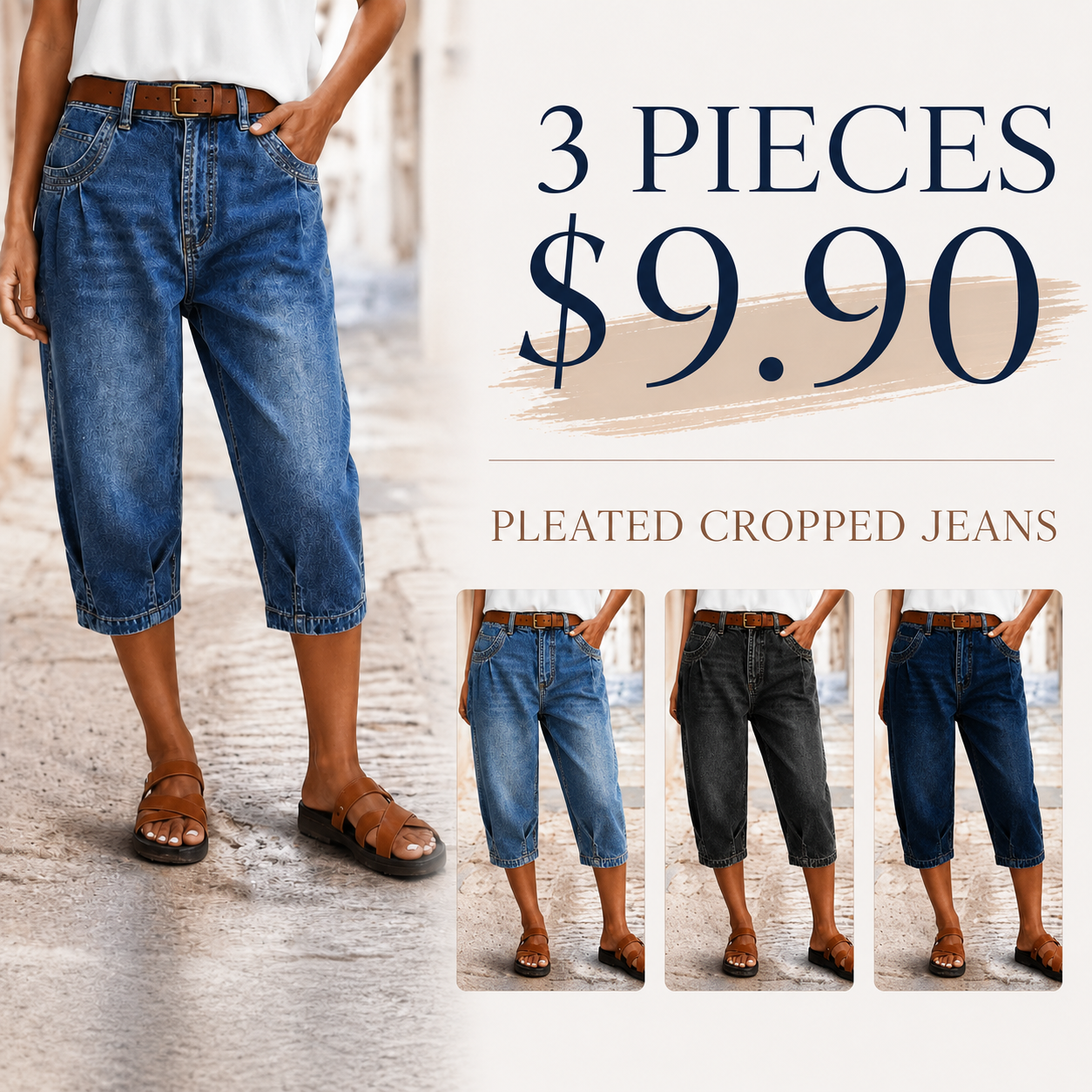 Women's Mid-Rise Pleated Cropped Jeans — Stretchy, Slim-Fit, Comfortable & Versatile