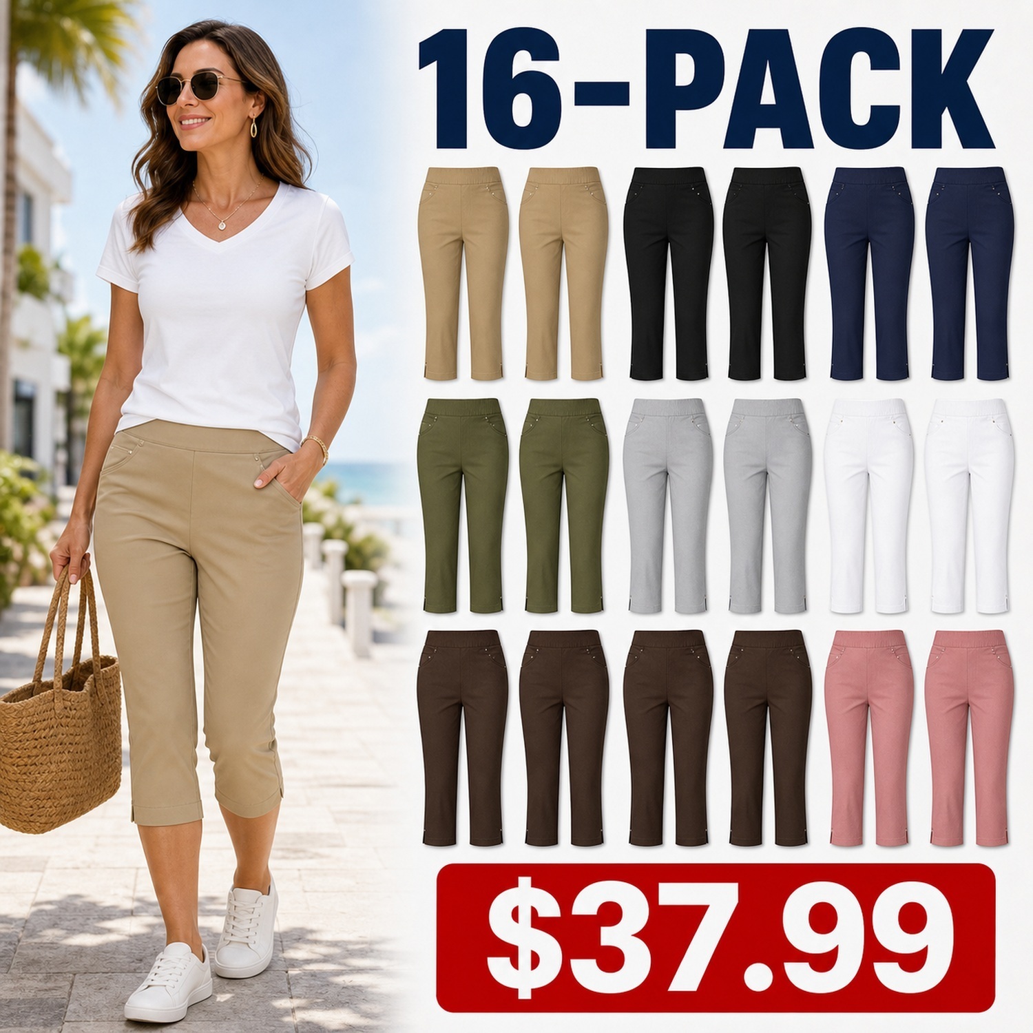 Women's Sporty Stretch Capri Pants - 8 Pack