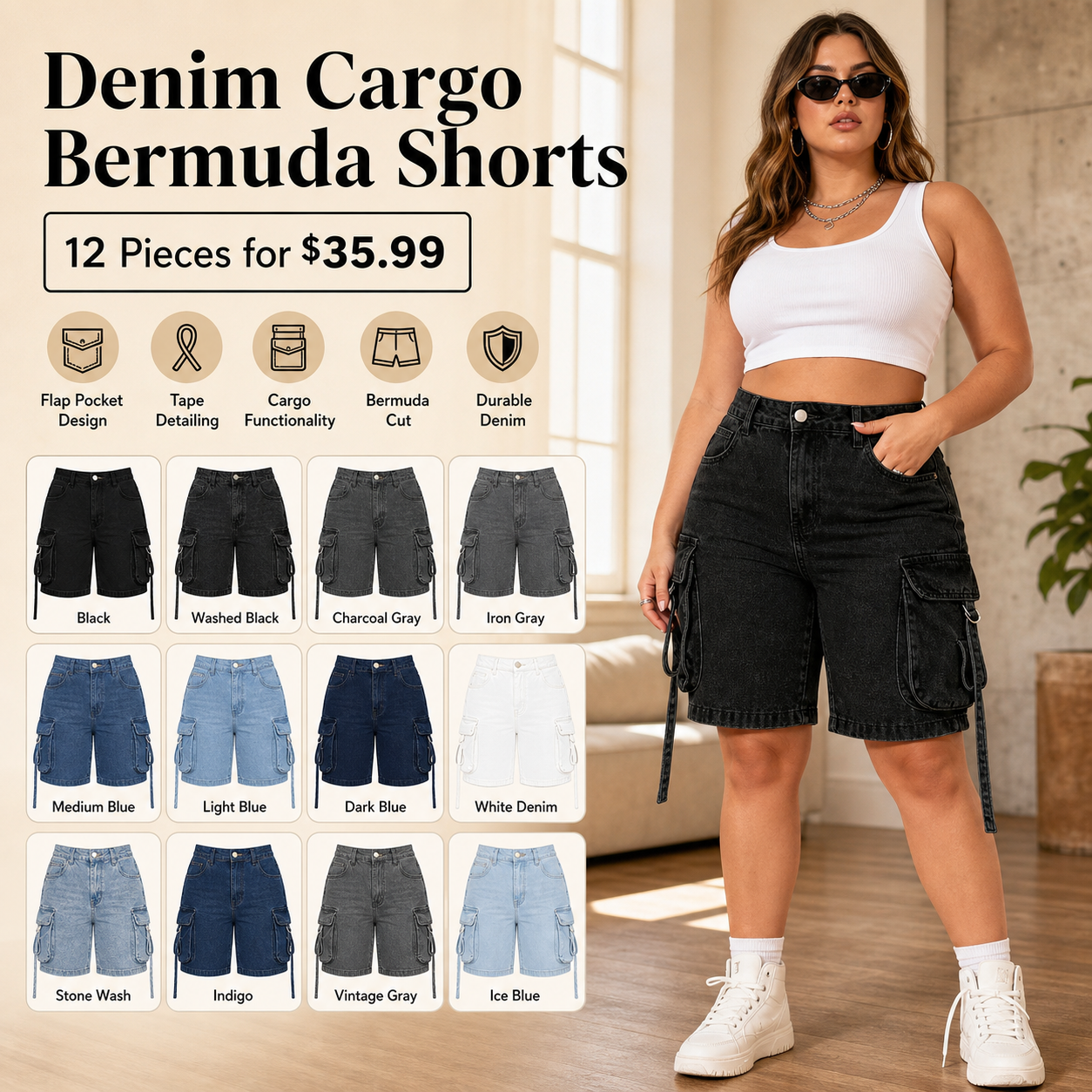 Denim Cargo Bermuda Shorts