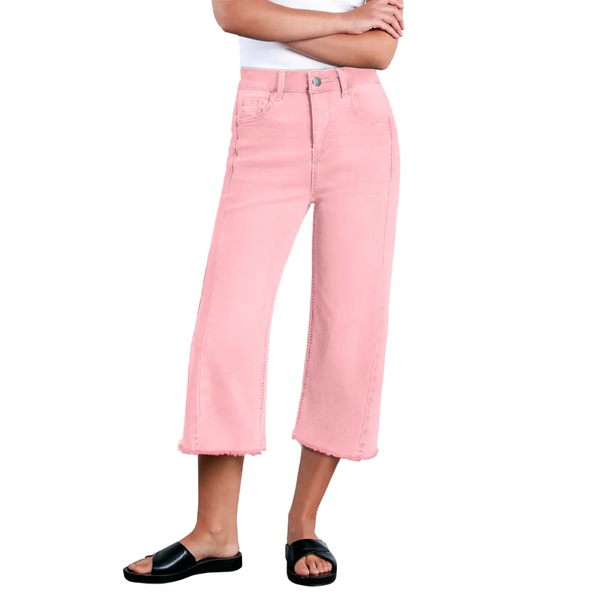 Women's cropped jeans, high-waisted, wide-leg, stretchy, with frayed side seams.