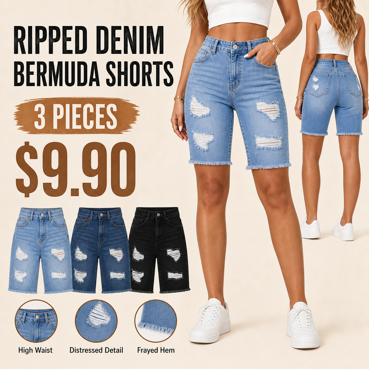 Women's Ripped Denim Bermuda Shorts