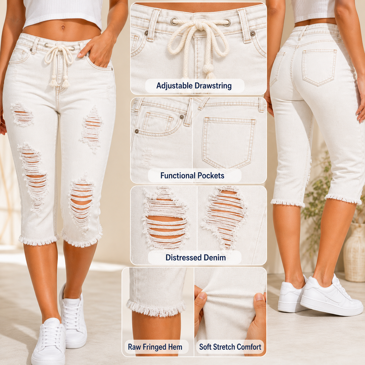 Women Distressed Drawstring Capri Jeans