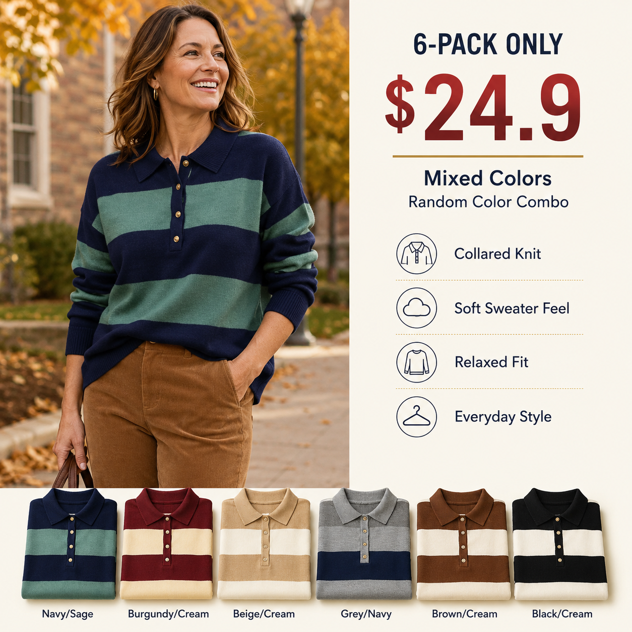 Polo Sweater for Women Striped Collared Sweaters Shirt