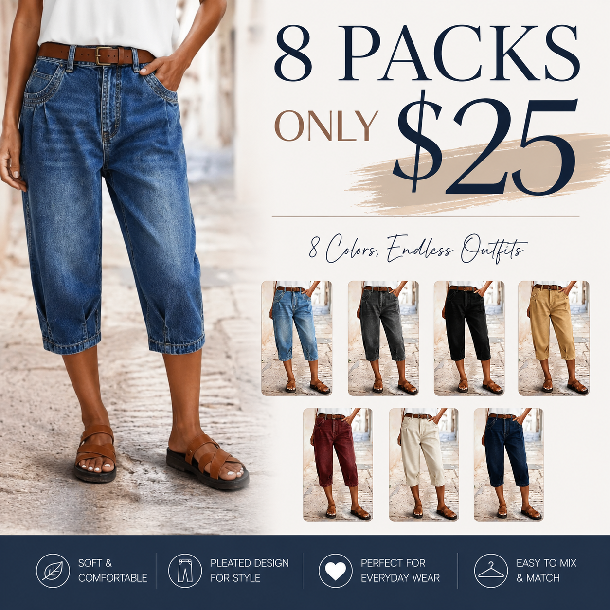 Women's Mid-Rise Pleated Cropped Jeans — Stretchy, Slim-Fit, Comfortable & Versatile