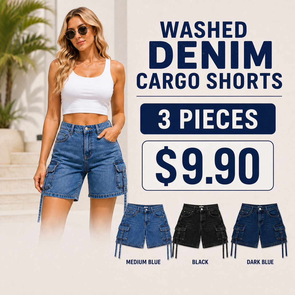 Women's Washed Denim Cargo Pocket Shorts
