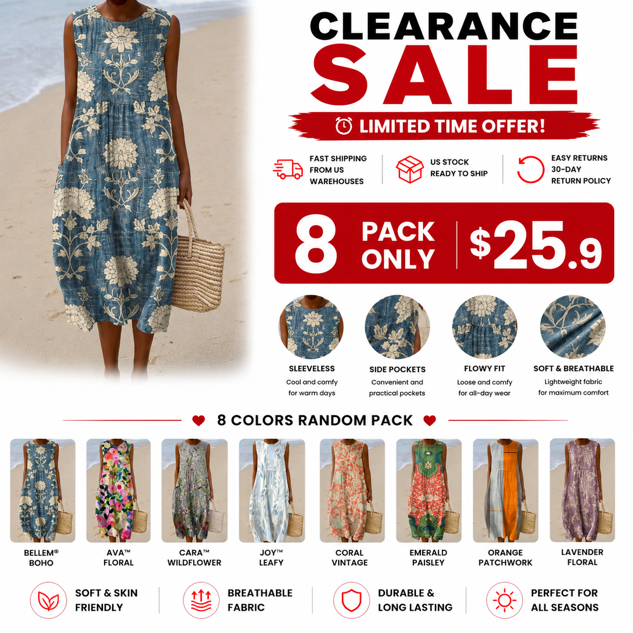 Bohemian style casual vacation dress with pockets