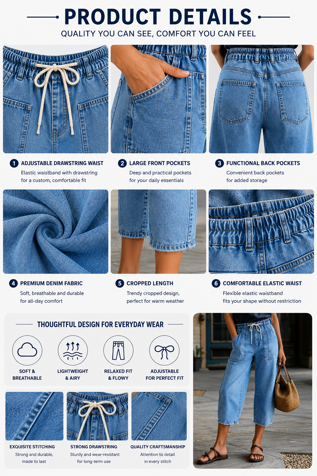 ⚡FINAL SALE⚡8-Pack Raw Hem Drawstring Mid Waist Barrel Leg Capri Jeans