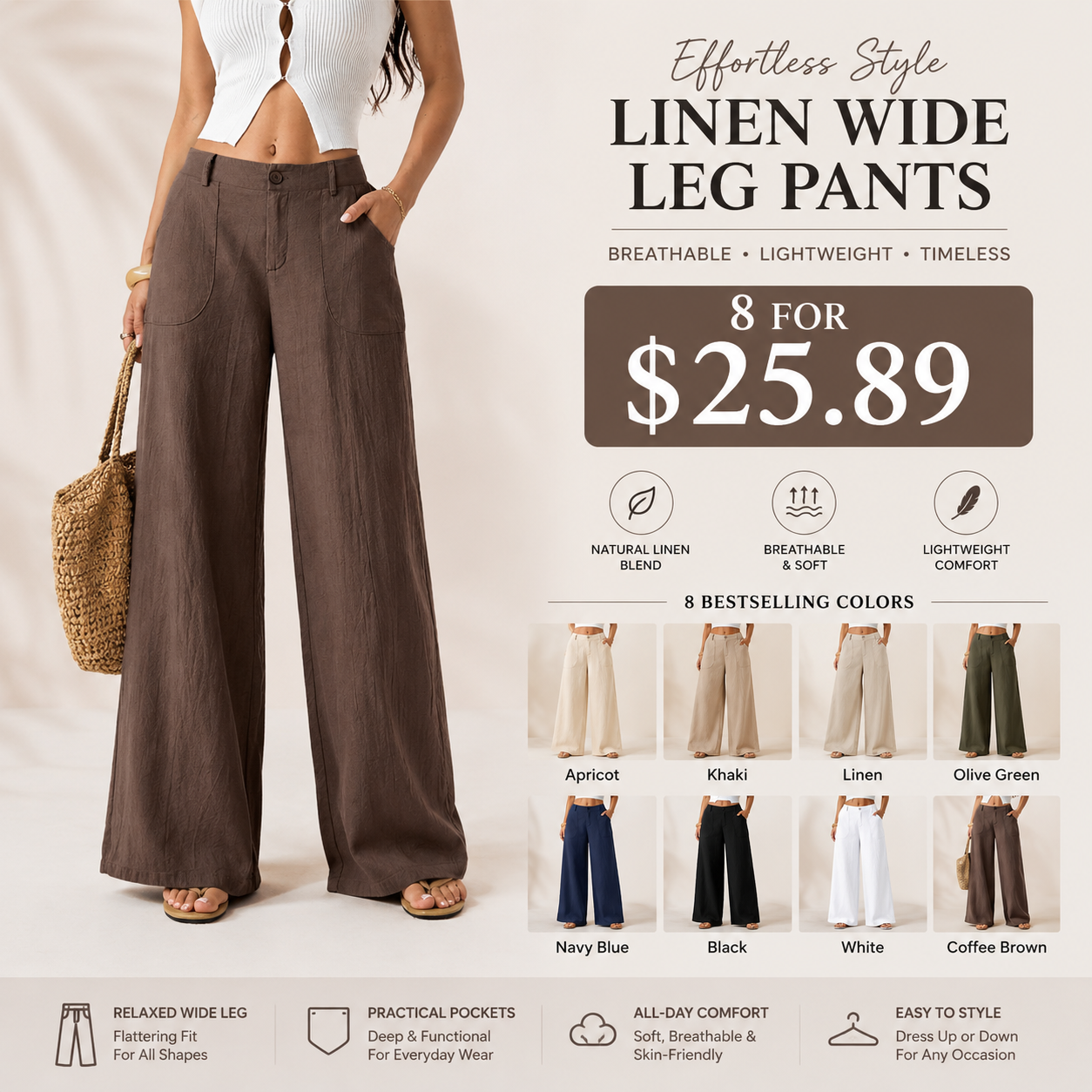 Women's Classic Linen Wide-Leg Pants