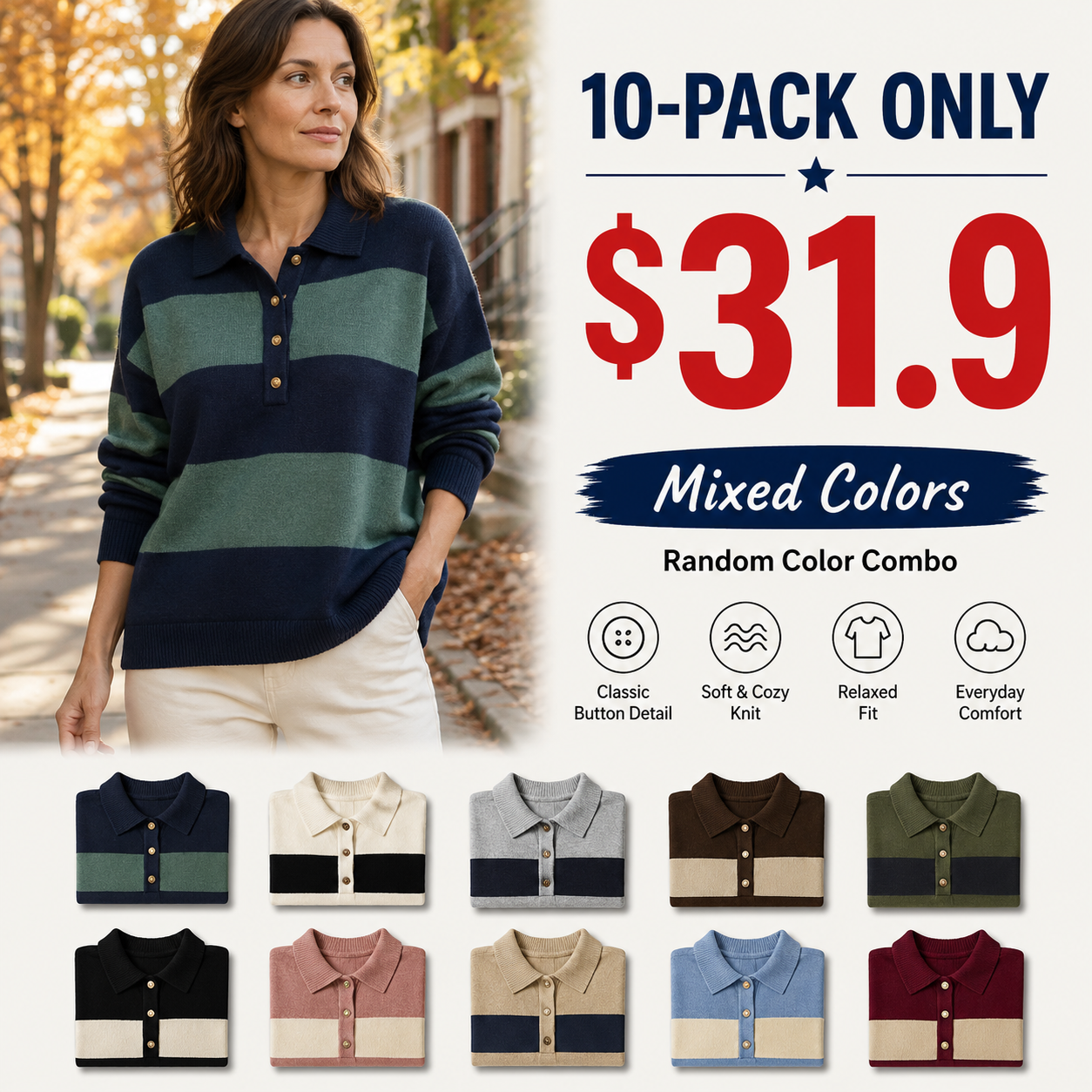 Polo Sweater for Women Striped Collared Sweaters Shirt