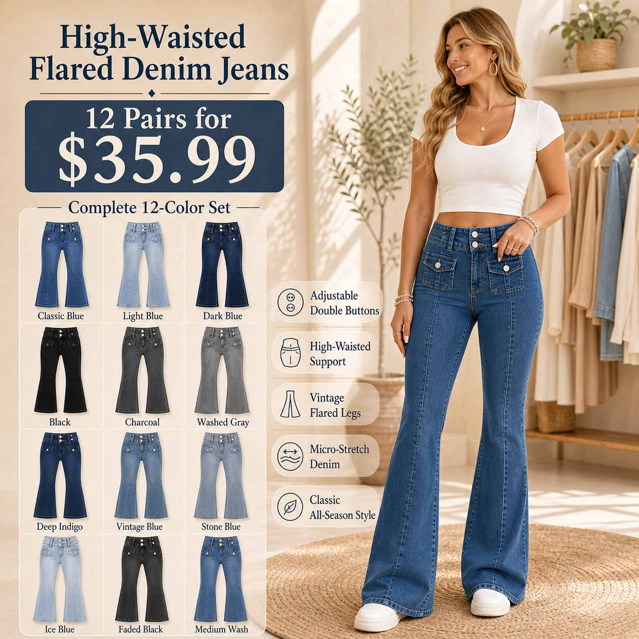 High-Waisted Double Button Flared Jeans
