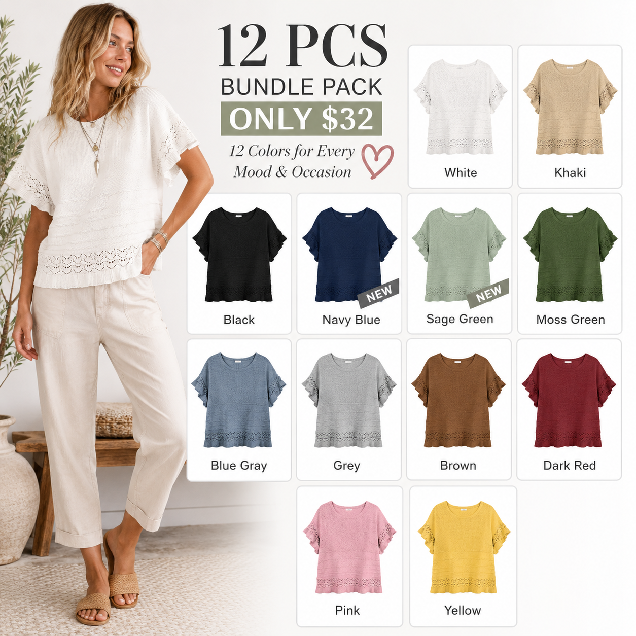 Women's Short-Sleeve Crew-Neck Ruffled Crochet Knit Pullover