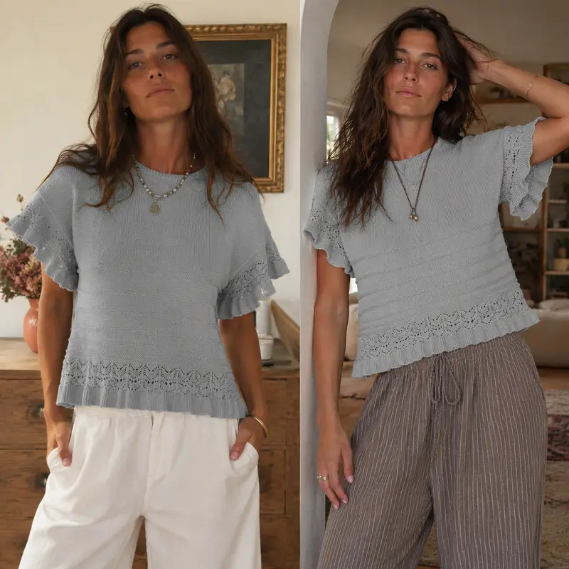Women's Short-Sleeve Crew-Neck Ruffled Crochet Knit Pullover