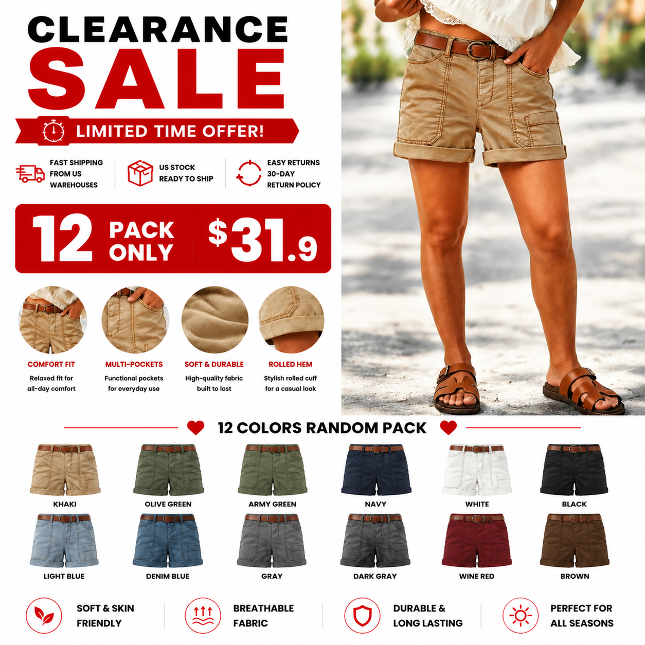 ⚡FINAL SALE⚡Roll Hem Stitch Detail Mid Waist Shorts Without Belt