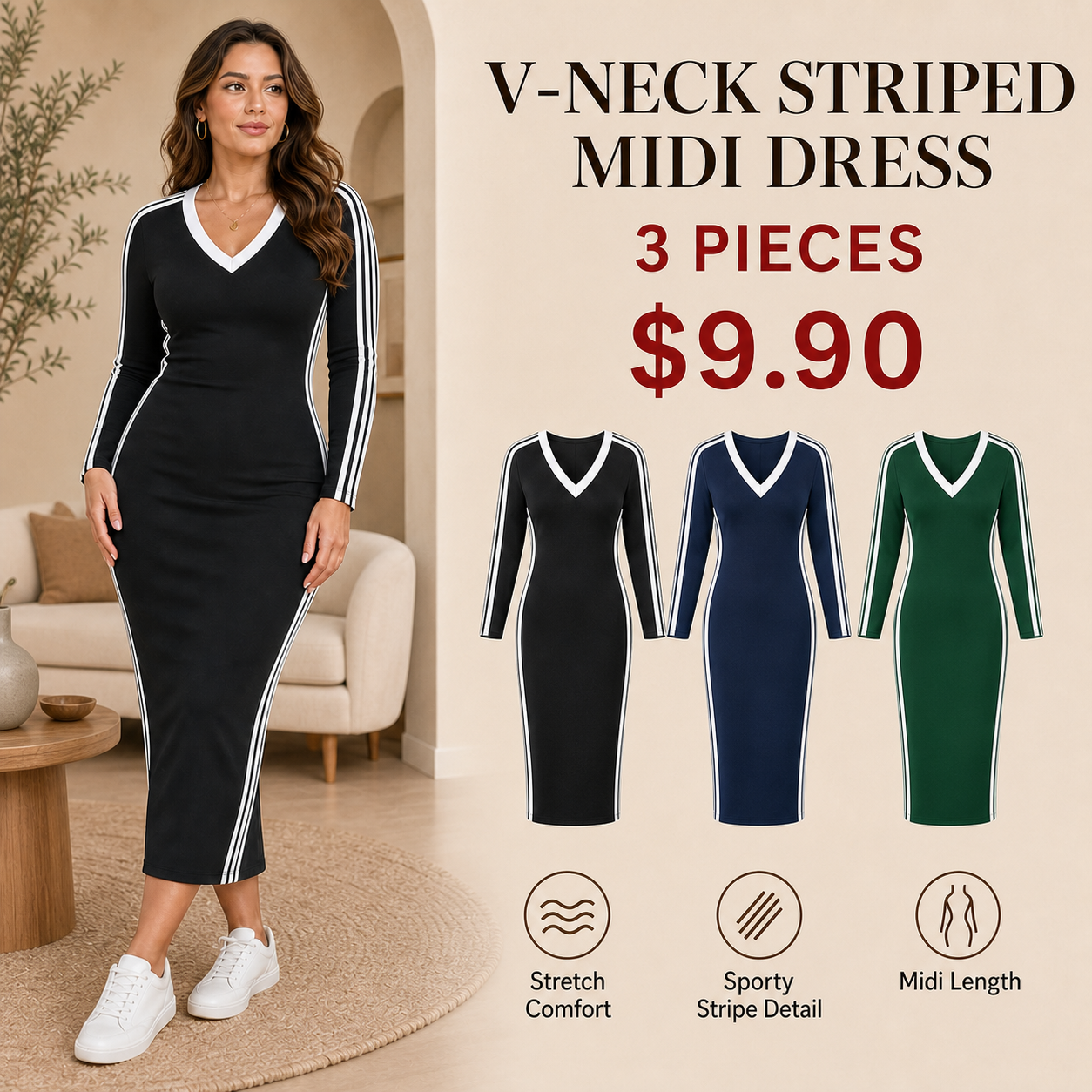 V-Neck Striped Midi Dress