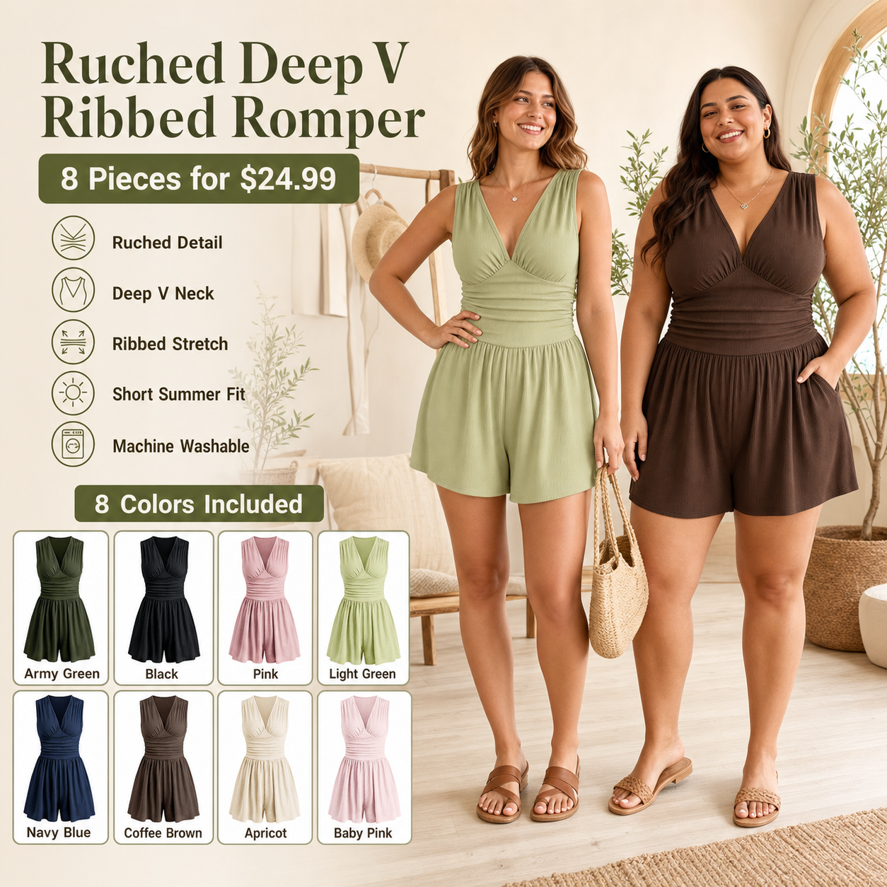 Women's Ruched Deep V Ribbed Romper