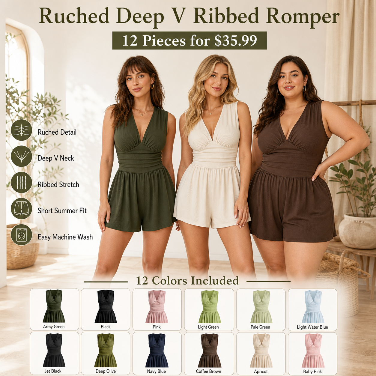Women's Ruched Deep V Ribbed Romper