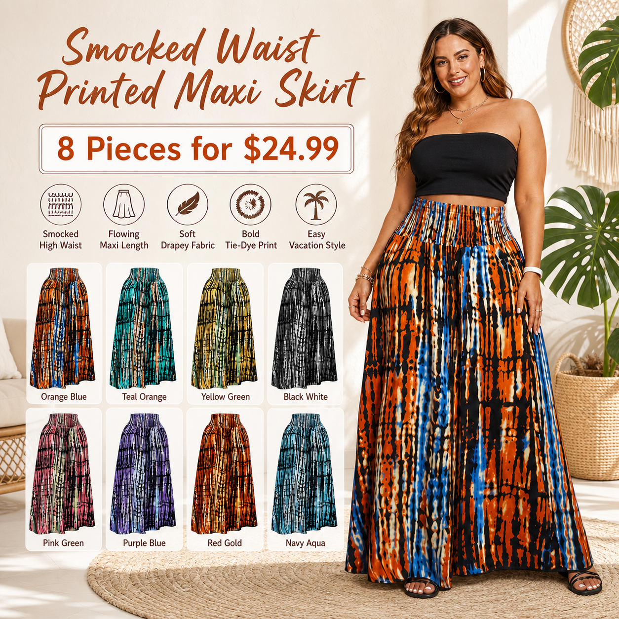 Smocked Waist Printed Maxi Skirt