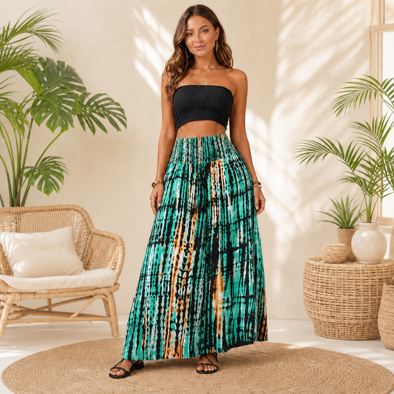 Smocked Waist Printed Maxi Skirt