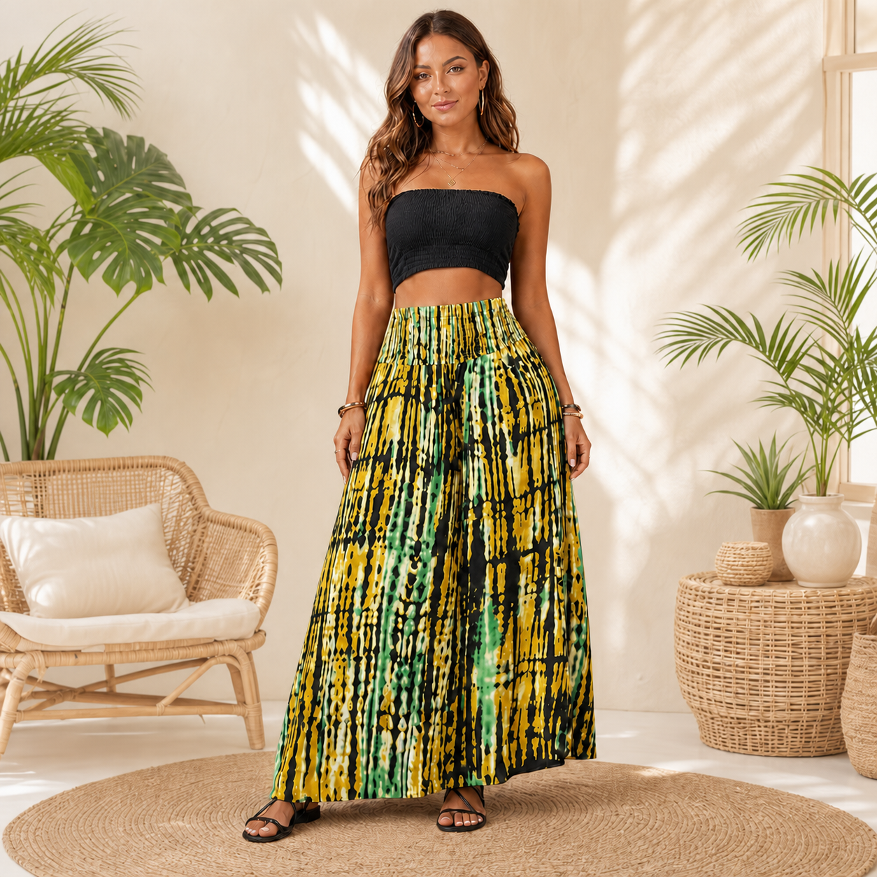Smocked Waist Printed Maxi Skirt