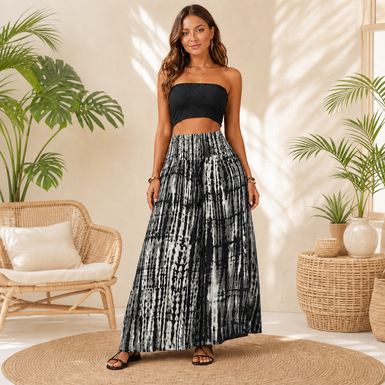 Smocked Waist Printed Maxi Skirt