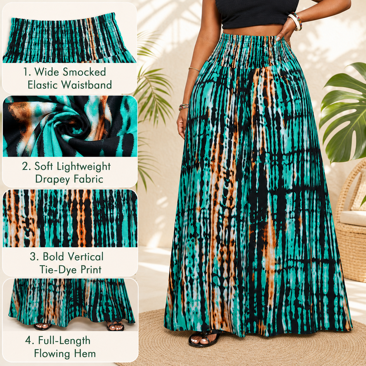 Smocked Waist Printed Maxi Skirt