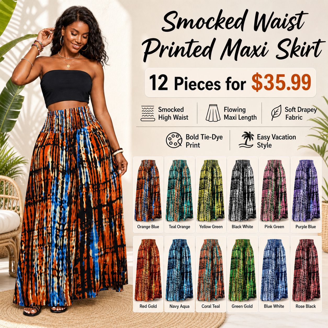Smocked Waist Printed Maxi Skirt