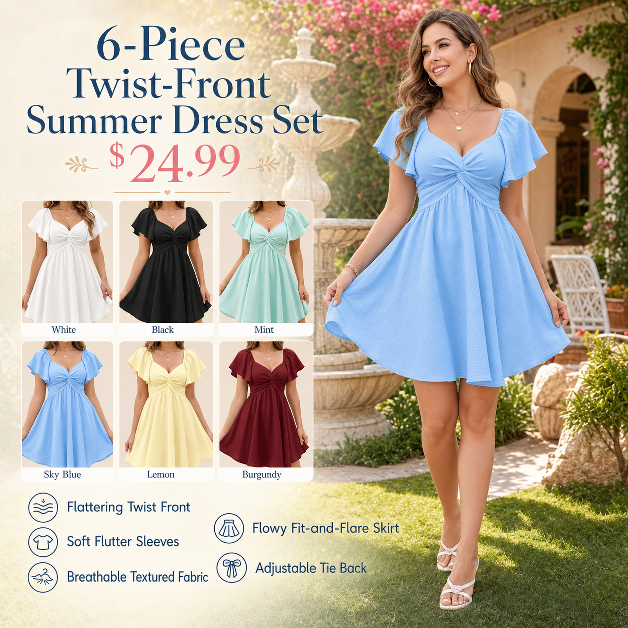 Twist-Front Flutter Sleeve Summer Dress