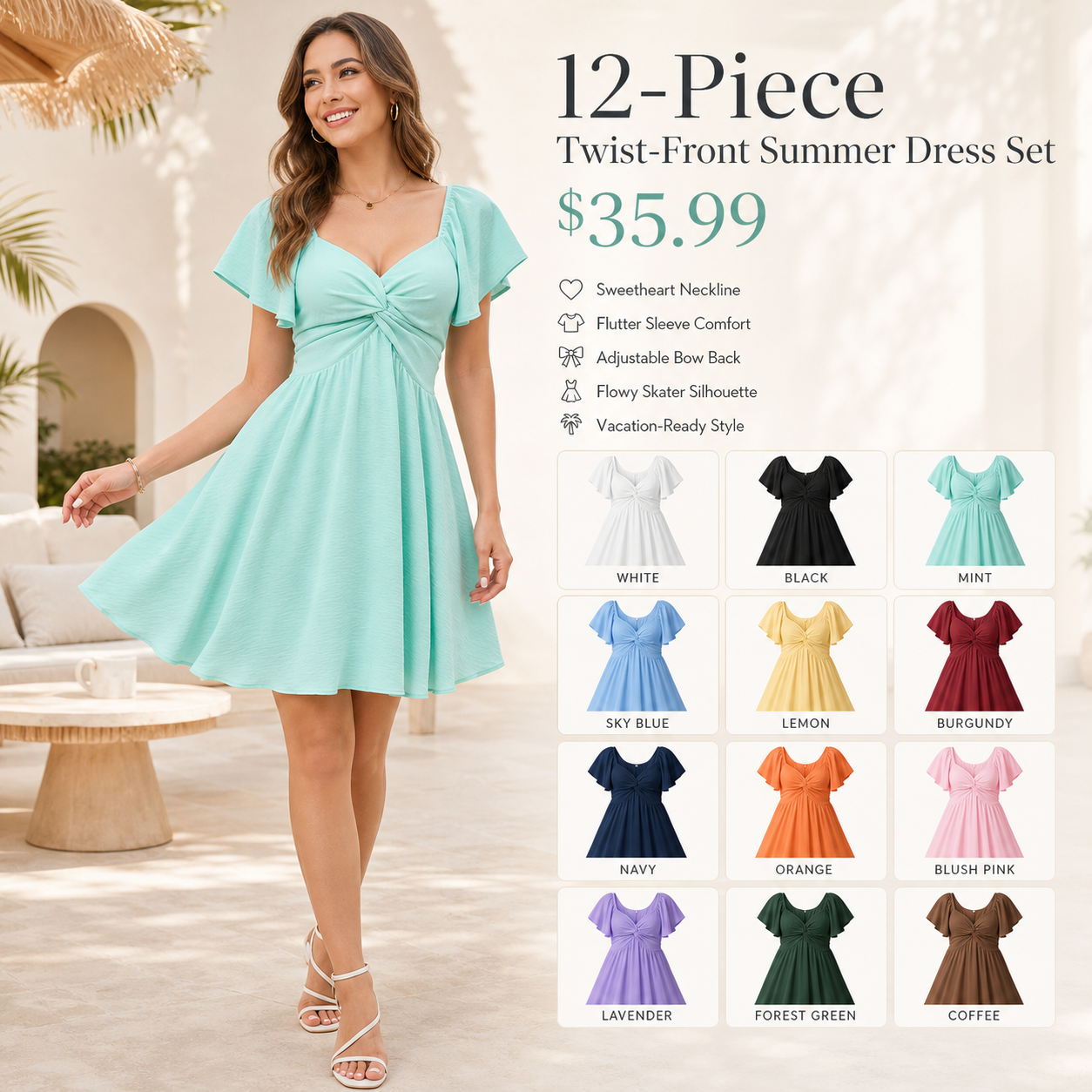 Twist-Front Flutter Sleeve Summer Dress