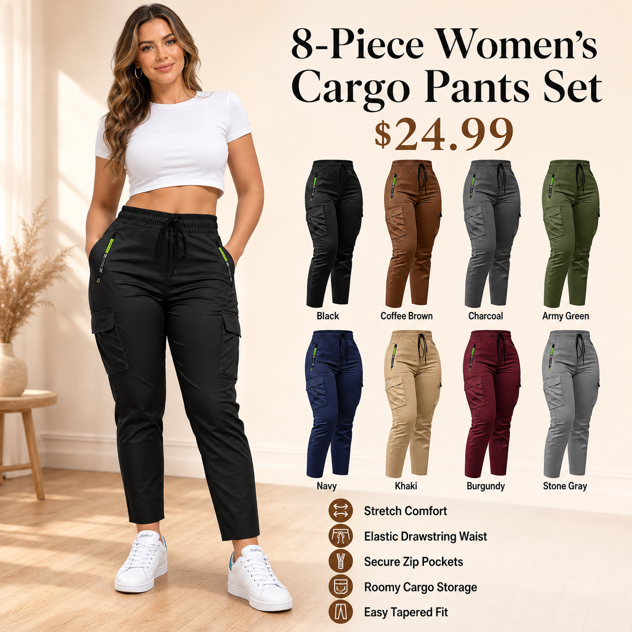 Women’s High Waist Drawstring Cargo Pants