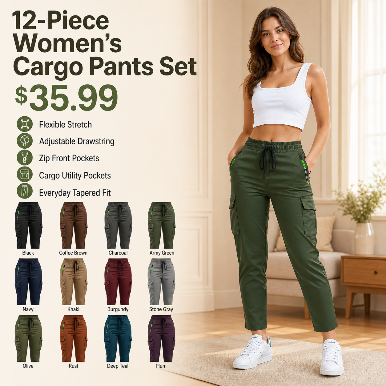 Women’s High Waist Drawstring Cargo Pants