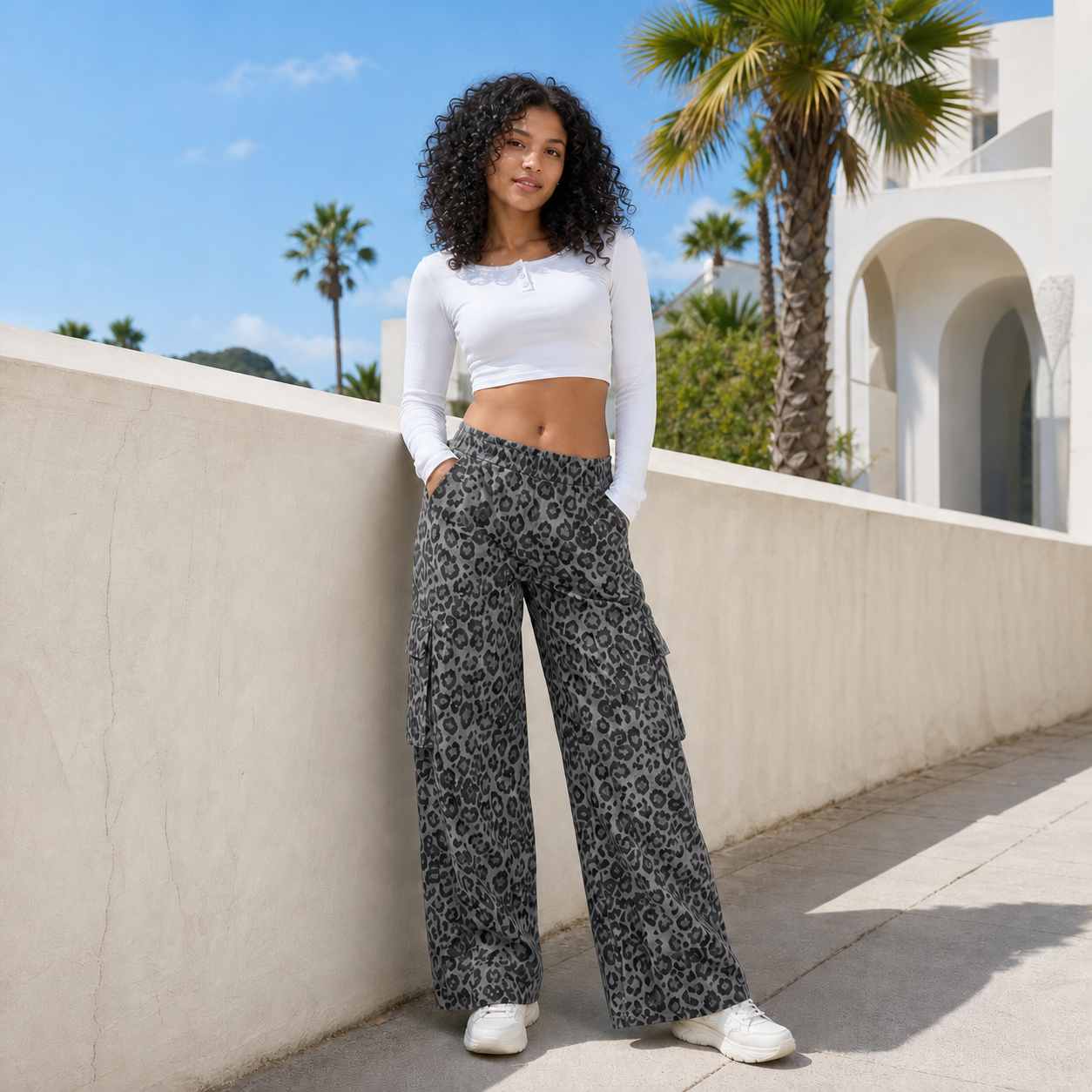 Women’s Leopard Wide-Leg Cargo Pants