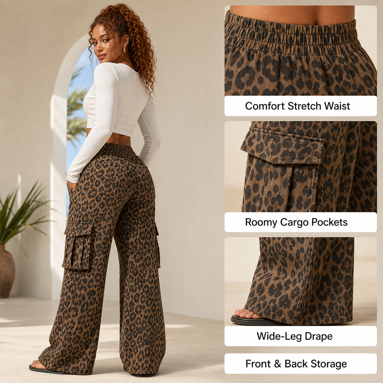 Women’s Leopard Wide-Leg Cargo Pants