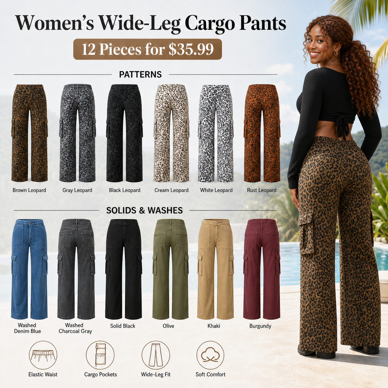 Women’s Leopard Wide-Leg Cargo Pants