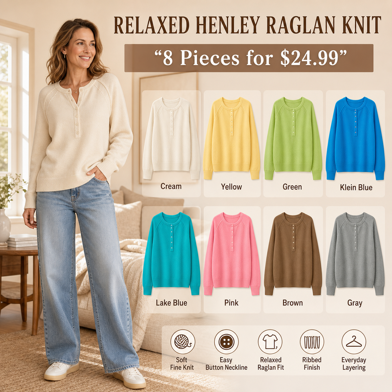 Women's Relaxed Henley Raglan Knit Sweater