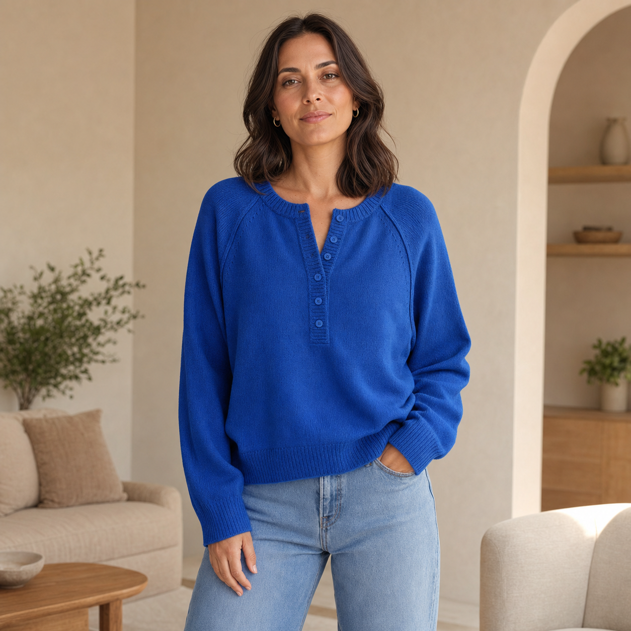 Women's Relaxed Henley Raglan Knit Sweater